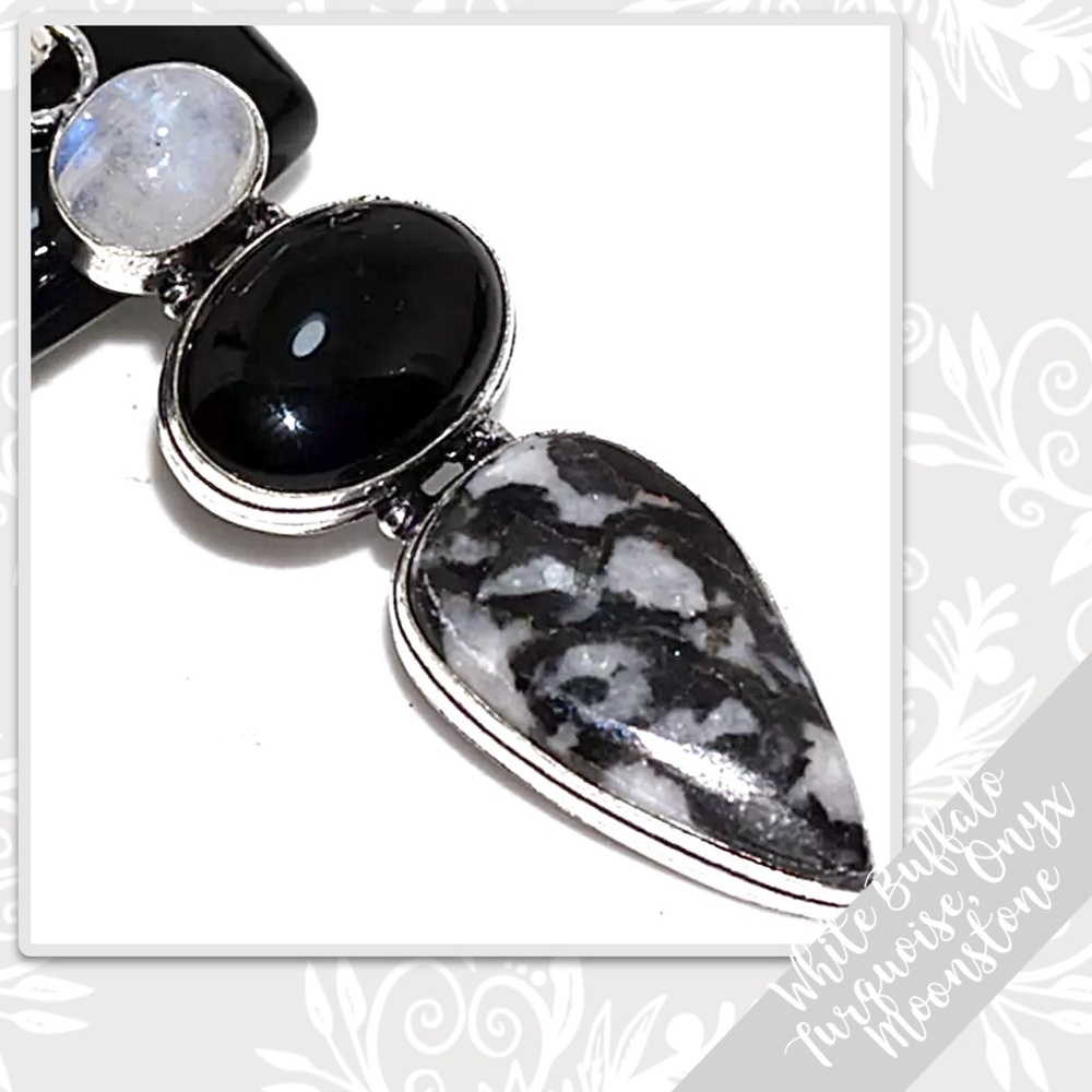 White Buffalo Turquoise, Moonstone, Onyx Large Silver Pendant 2.7” Black, White - Picture 2 of 2